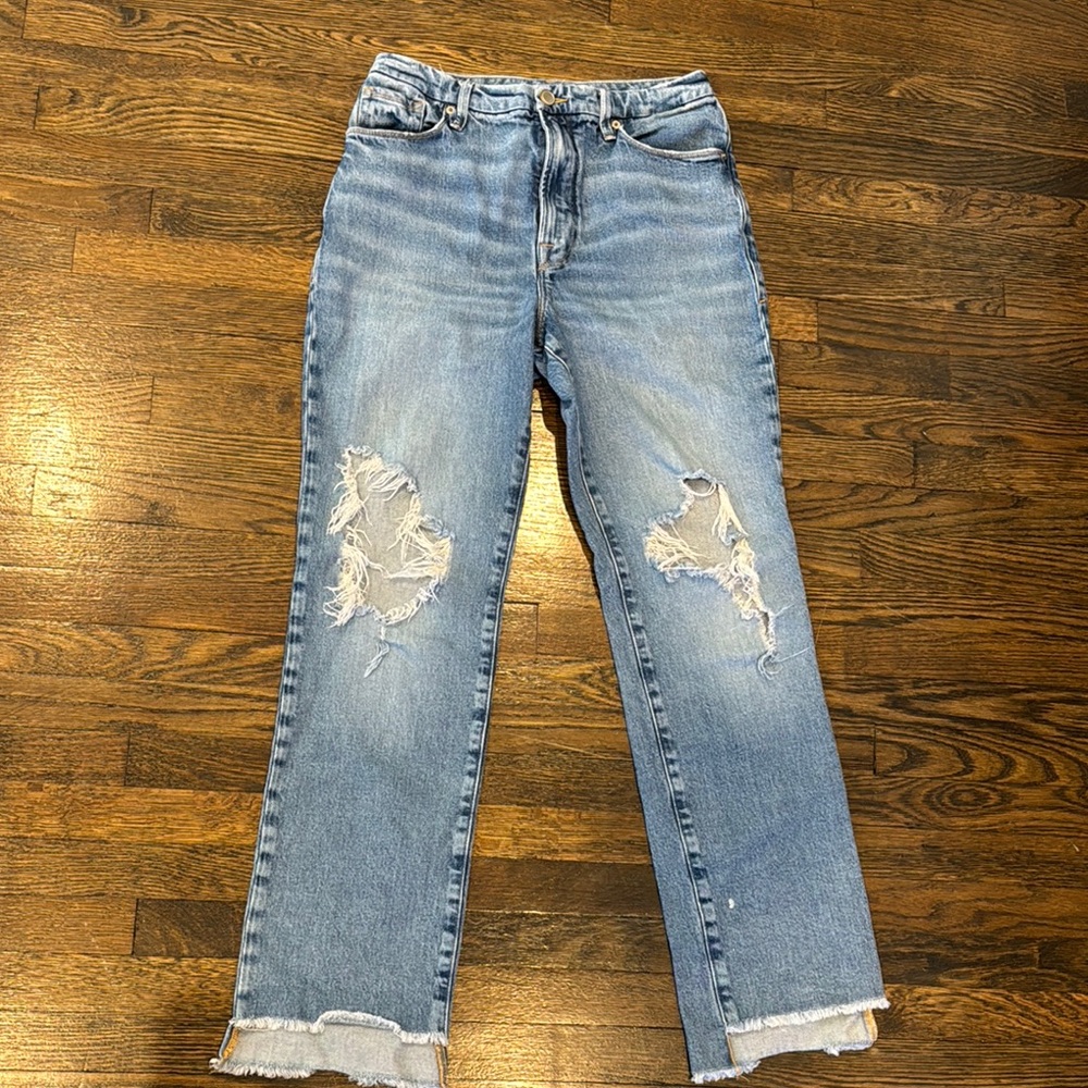 Good American Light Blue Distressed Straight Leg Jeans